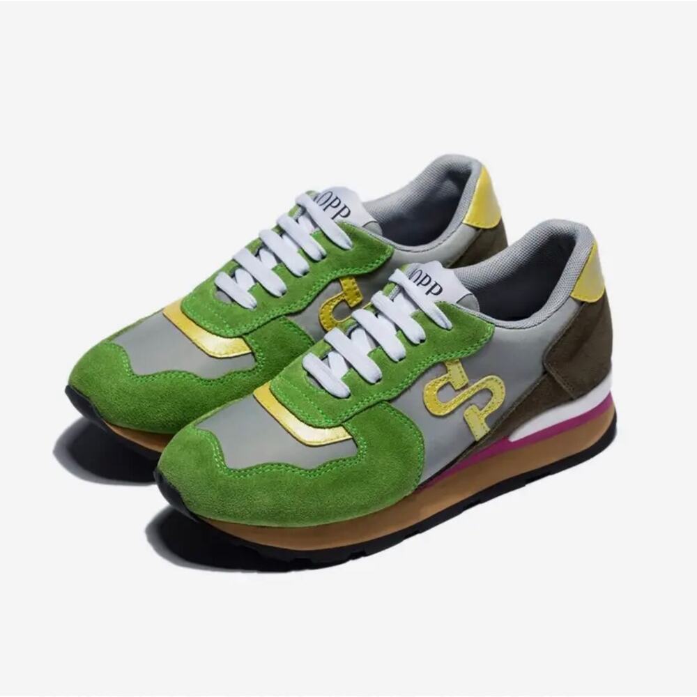 OPP FRANCE Women Lace-Up Suede Sneakers Green Multi Size 40/9